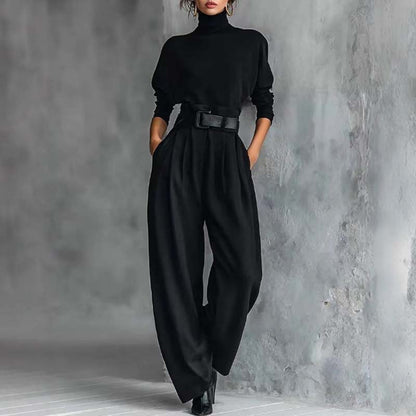 🚚 Fri frakt på just den här produkten!  🍂Höstens exklusiva erbjudande|Elegant Damset med Polotröja och Vida Byxor – Matchande Tvådelat Set för Kvinnor