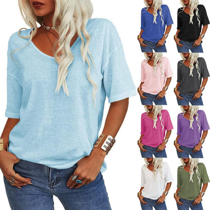 Enfärgad V-ringad T-shirt för dam