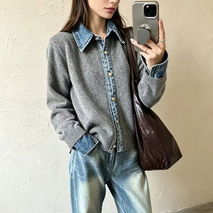 Damstickad tröja i falsk 2-delad design med denimgrage