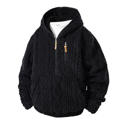 Herrfodrad sherpajacka med halv dragkedja och huva, texturerad design