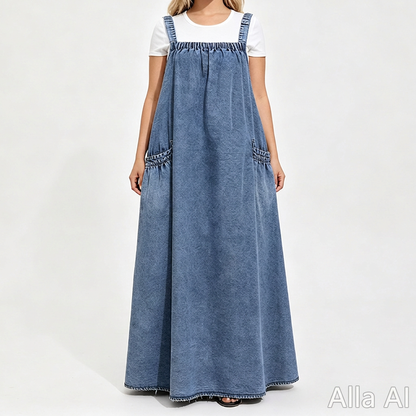 Damens oversize-kostymkjol i denim med hängslen, maxilängd, ledig stil