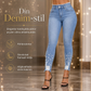 Ljusblå smala skinnyjeans för kvinnor med pärlbesättning, oförarbetad och nött midja samt slitage och riffiga fotutsvängar