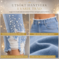 Ljusblå smala skinnyjeans för kvinnor med pärlbesättning, oförarbetad och nött midja samt slitage och riffiga fotutsvängar