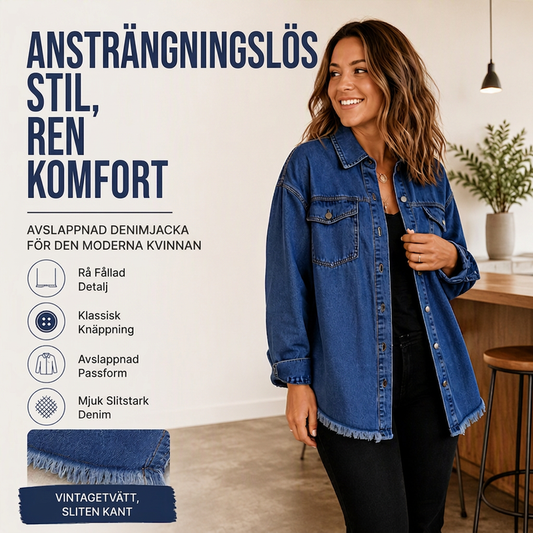 Tvättad jeansjacka för kvinnor med sliten fåll