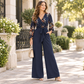 📢🎉50 % rabatt!!!🛍️✨Elegant jumpsuit med blommönster, omlott-V-ringning, vida ben, snörning i midjan och rynkade 3/4-ärmar
