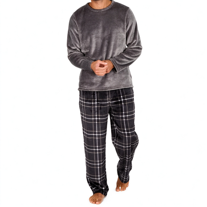 🚚 Fri frakt på just den här produkten!  Mjuk plyschstickad loungetröja och pyjamas för män med rundhalsad tröja i enfärgad design och rutiga byxor